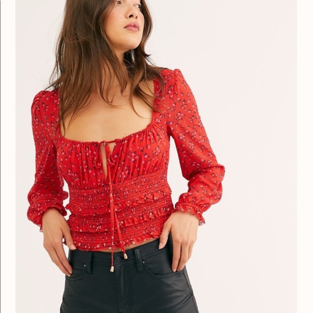 Free People Printed Lolita Top in Cherry Combo S NWT
